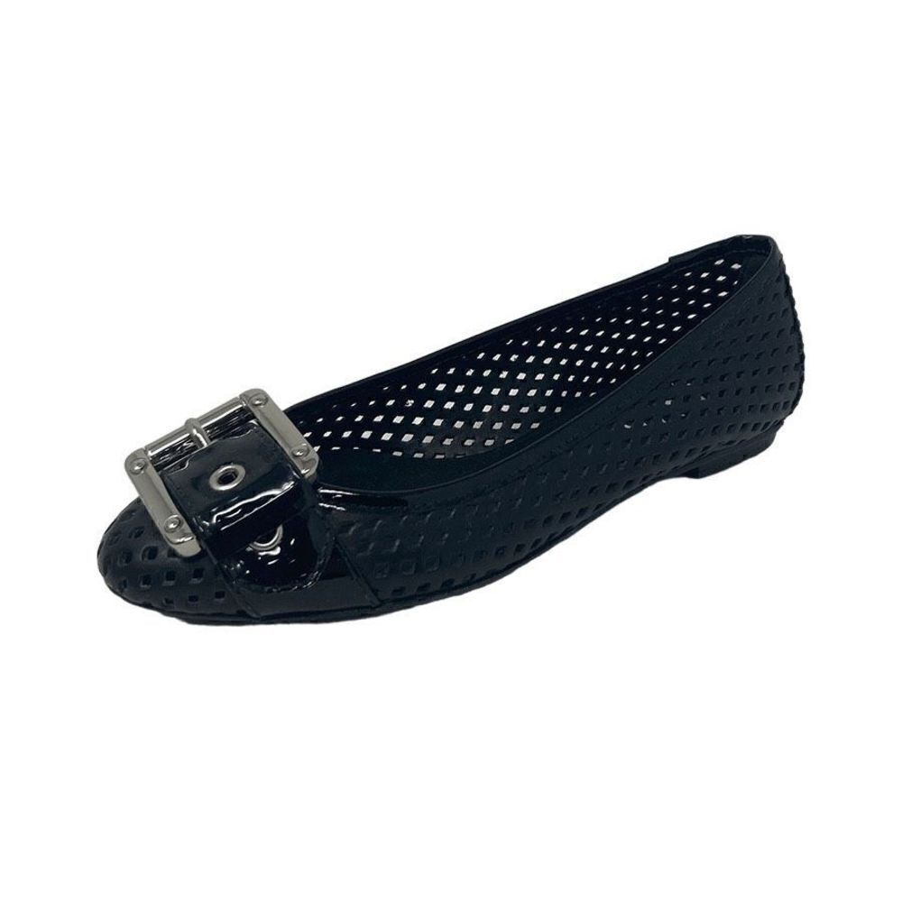 FS/NY 5.5 Black Waffle Ballet Flats Shoes Pointed Toes Silver Tone Buckle